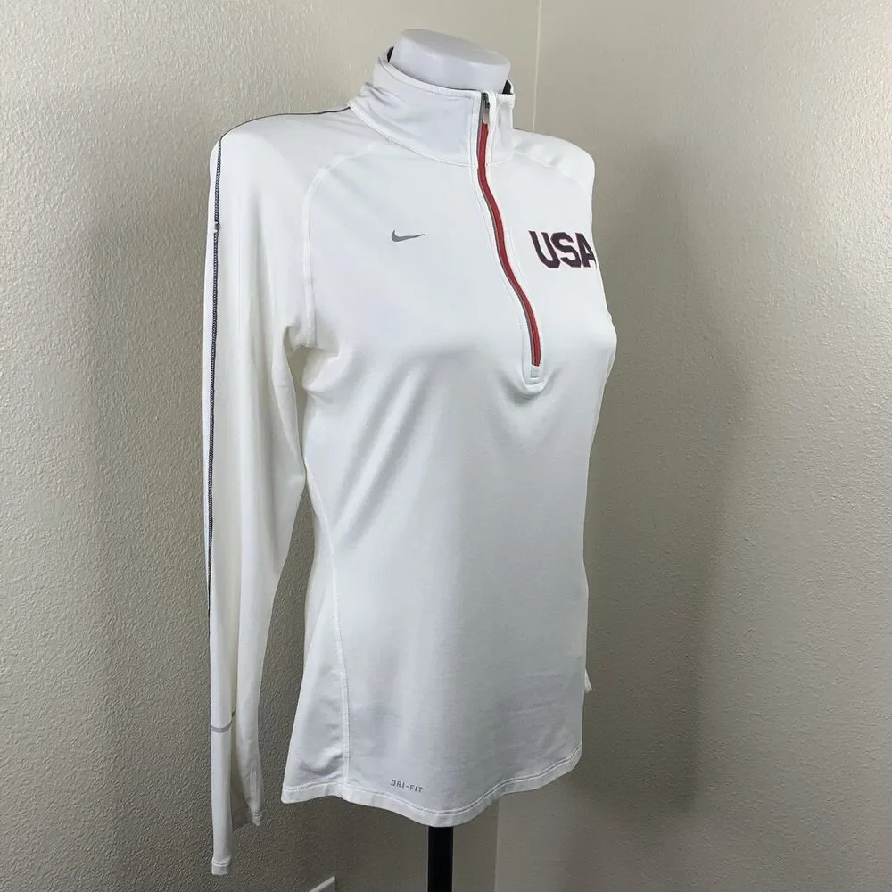 Nike Team USA Element Dri-Fit White Quarter Zip Pullover Sz M Flag Top *flaws